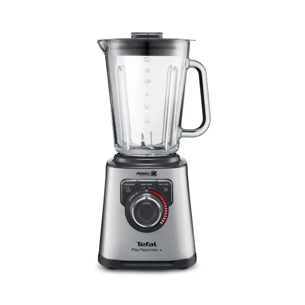 Tefal Perfectmix+ blender met glazen kan en roestvrijstalen basis.
