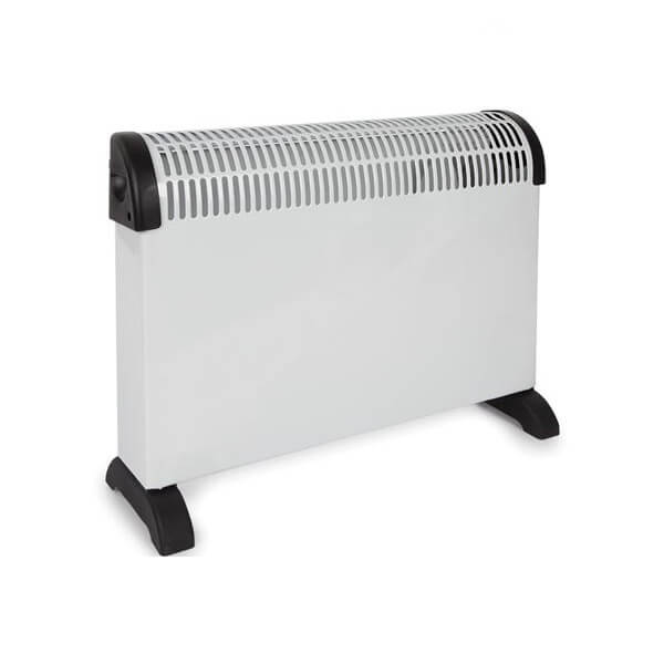 Vrijstaande elektrische convectorkachel met instelbare thermostaat.