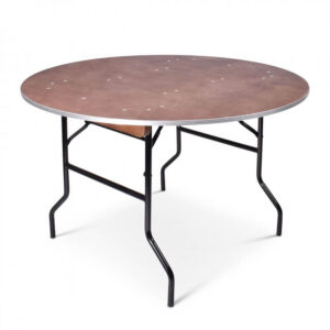 Ronde klaptafel met zwart metalen onderstel en houten blad
