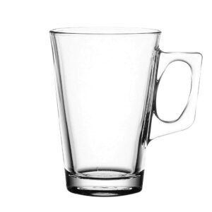 Doorzichtig glazen mok met handvat, ideaal voor koffie, thee of warme dranken.